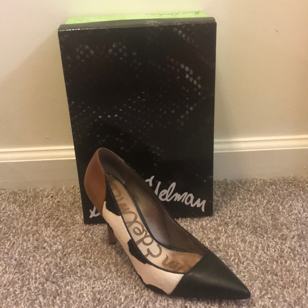 Cow print leather and textured hair heels